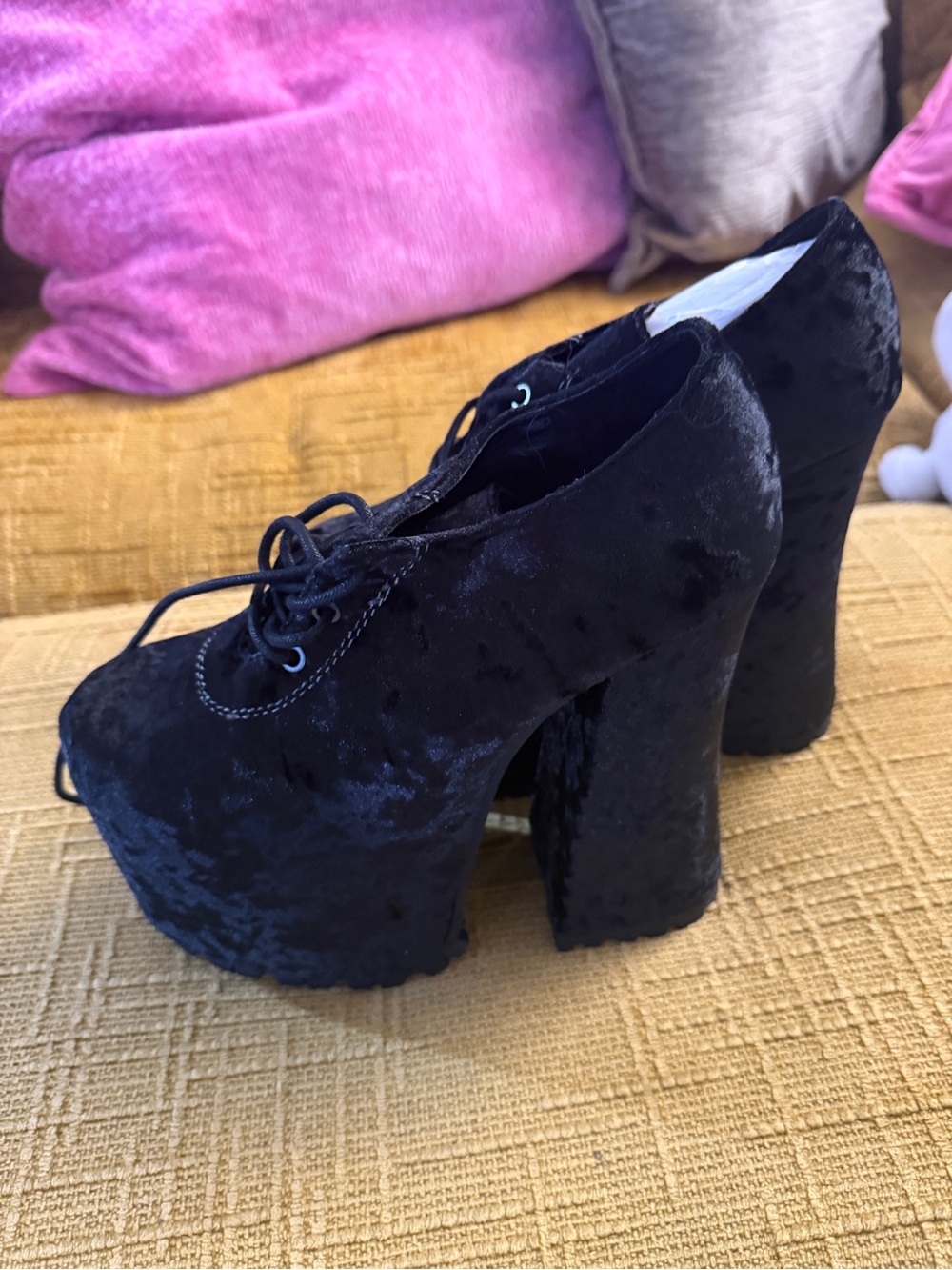 Dolls Kill Navy Blue Crushed Velvet Platform Lace-Up Heels - Picture 2 of 6